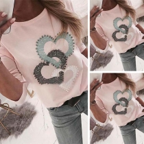 Fashion Heart Beaded Long Sleeve Round Neck Top