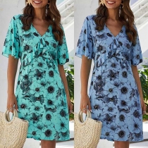 Sexy Backless V-neck Short Sleeve Printed Dress