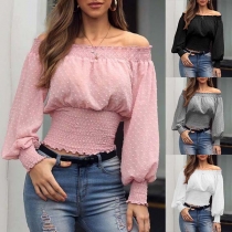 Sexy Off-shoulder Boat Neck Lantern Sleeve Elastic Hem Crop Top