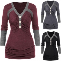 Fashion Contrast Color Long Sleeve V-neck Wrinkled T-shirt