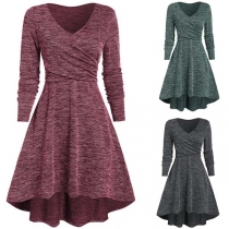 Fashion Mixed Color Long Sleeve V-neck High-low Hem Dress