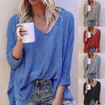 Fashion Solid Color Long Sleeve V-neck Loose Knit Top