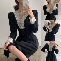 Sexy Lace Spliced V-neck Long Sleeve High Waist Dress