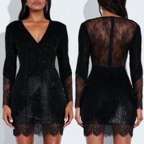 Sexy Deep V-neck Long Sleeve Lace Spliced Party Dress