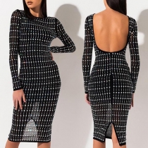 Sexy Backless Slit Hem Long Sleeve Slim Fit Rhinestone Dress