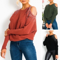 Sexy Off-shoulder Long Sleeve Round Neck Rhinestone Spliced Top