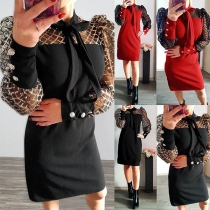 Sexy Sequin Gauze Spliced Long Sleeve Bow-knot Collar Dress