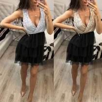 Sexy Deep V-neck Gauze Spliced Hem Sleeveless Party Dress
