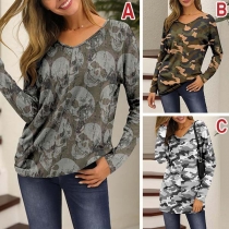 Fashion Long Sleeve V-neck Printed T-shirt