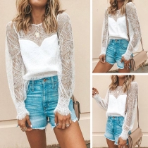 Sexy See-through Lace Spliced Long Sleeve Round Neck Top