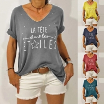 Fashion Letters Printed Short Sleeve V-neck T-shirt