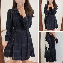 Retro Style Long Sleeve POLO Collar Plaid Shirt Dress