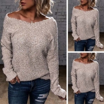 Fashion Solid Color Long Sleeve Boat Neck Knit Top