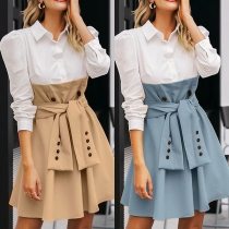 Fashion Contrast Color Long Sleeve POLO Collar Lace-up Shirt Dress