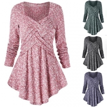 Fashion Mixed Color Long Sleeve Square Collar Irregular Hem Knit Top