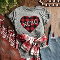 Fashion Plaid Heart Printed Short Sleeve Round Neck T-shirt