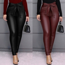 Fashion High Waist Slim Fit PU Leather Pants with Waist Strap