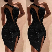 Sexy One-shoulder Sleeveless Slit Hem Rhinestone Party Dress