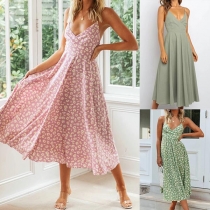 Sexy Backless V-neck Printed Sling Dress