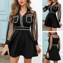 Sexy See-through Gauze Spliced Long Sleeve POLO Collar Dress