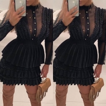 Sexy See-through Gauze Spliced Long Sleeve Stand Collar Pleated Dress