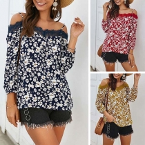 Sexy Lace Spliced Boat Neck 3/4 Sleeve Printed Sling Top