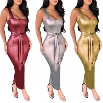 Sexy Sleeveless Round Neck Lace-up Slim Fit Dress