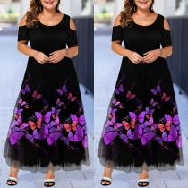 Sexy Off-shoulder Short Sleeve Round Neck Printed Dress