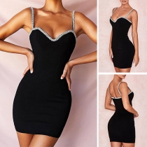 Sexy Rhinestone Spliced Backless V-neck Slim Fit Sling Dress