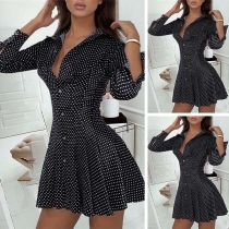 Fashion Long Sleeve POLO Collar Dots Printed Shirt Dress