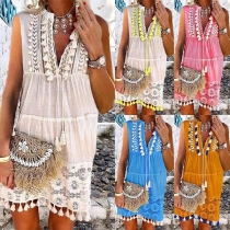 Fashion Sleeveless V-neck Tassel Spliced Dress