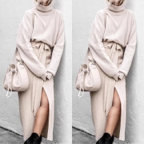 Fashion Solid Colo Long Sleeve Turtleneck Top + Skit Hem Skirt Two-piece Set