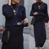 Fashion Solid Color Round Neck Knit Top + Irregular Slit Hem Skirt Two-piece Set