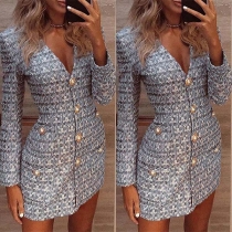 OL Style Long Sleeve V-neck Single-breasted Printed Dress