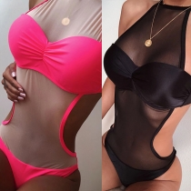 Sexy Backless Gauze Spliced Halter One-piece Swimsuit