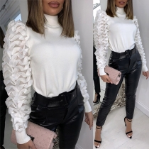 Fashion Puff Sleeve Mock Neck Solid Color T-shirt