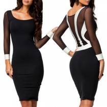 Sexy Gauze Spliced Long Sleeve Round Neck Contrast Color Dress
