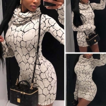 Fashion Long Sleeve Cowl Neck Slim Fit Printed Dress