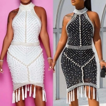 Sexy Backless Tassel Hem Slim Fit Halter Beaded Dress