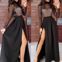 Sexy Long Sleeve Stand Collar Gauze Top + Slit Hem Skirt Two-piece Set