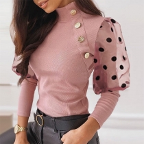 Fashion Dots Gauze Spliced Puff Sleeve Mock Neck Slim Fit Knit Top