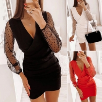 Sexy Gauze Spliced Long Sleeve Deep V-neck Twisted Dress