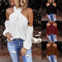 Sexy Off-shoulder Long Sleeve Solid Color Halter Top