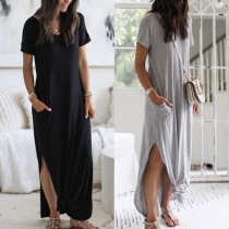 Chic Style Short Sleeve V-neck Slit Hem Solid Color Dress