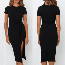 Sexy Slit Hem Short Sleeve Round Neck Slim Fit Dress