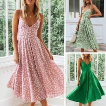 Sexy Backless V-neck Daisy Printed Sling Dress