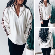 Fashion Leopard Spliced Long Sleeve Stand Collar Sweatshirt