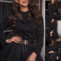 Fashion Solid Color Long Sleeve Stand Collar Lace Spliced Shirt