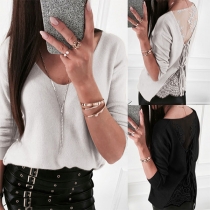Sexy Lace-up Lace Spliced Long Sleeve Round Neck Top