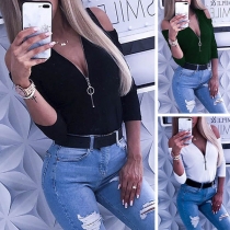 Sexy Off-shoulder Long Sleeve Zipper V-neck T-shirt